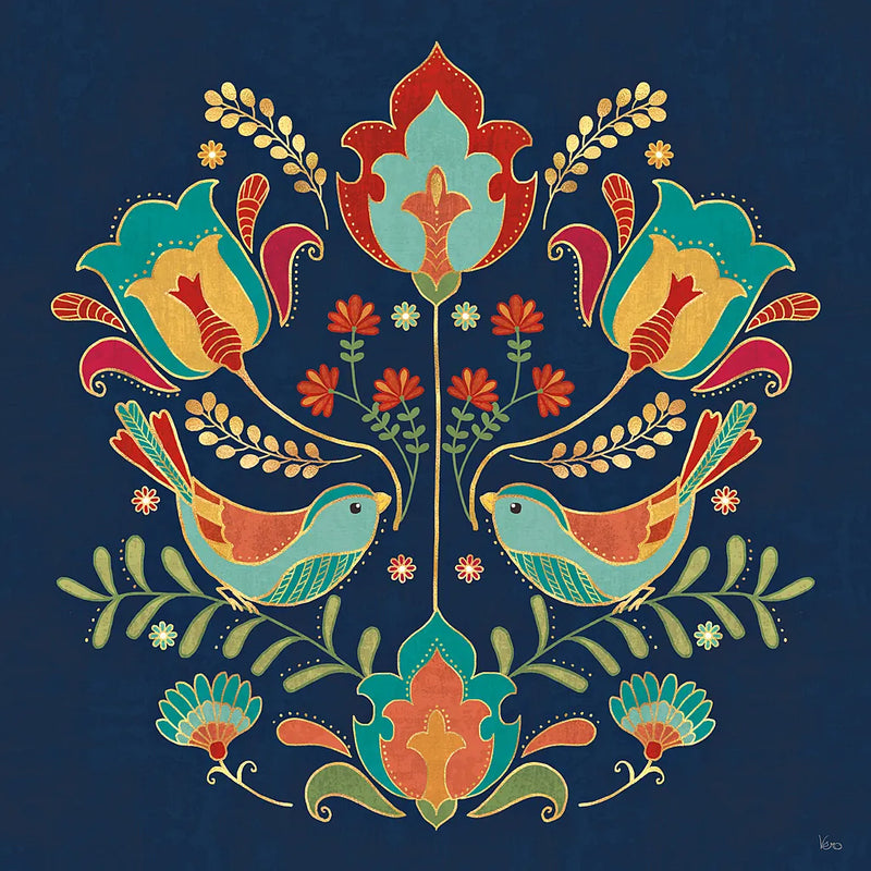 Folk Floral III Dark by Veronique Charron. SKU 47029a. Archival Giclee Fine art print for wall decor.