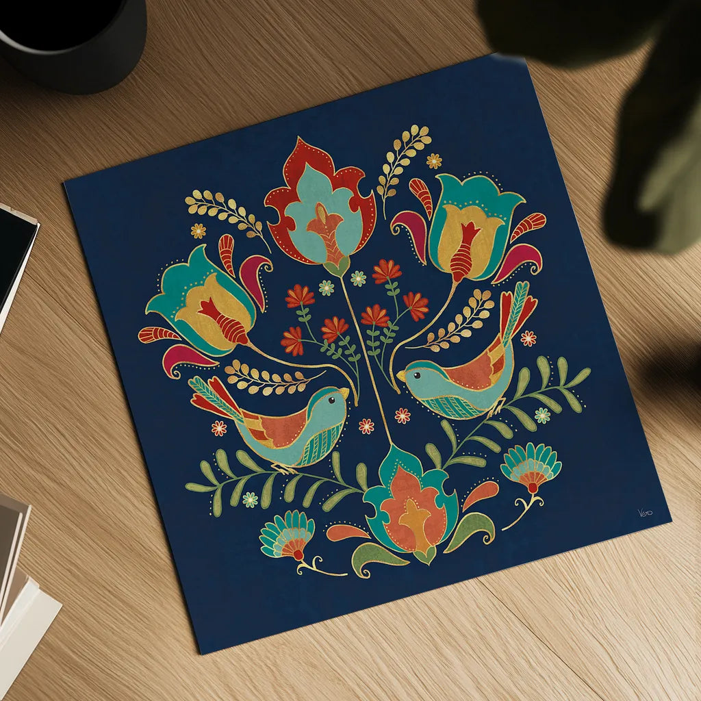 Folk Floral III Dark by Veronique Charron. Shown as a detailed flat fine art print, highlighting archival giclee quality. Available as an archival giclee rolled canvas, fine art paper, or poster print. SKU 47029a.