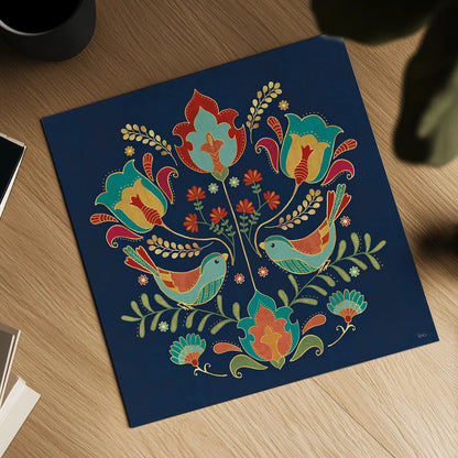 Folk Floral III Dark by Veronique Charron. Shown as a detailed flat fine art print, highlighting archival giclee quality. Available as an archival giclee rolled canvas, fine art paper, or poster print. SKU 47029a.