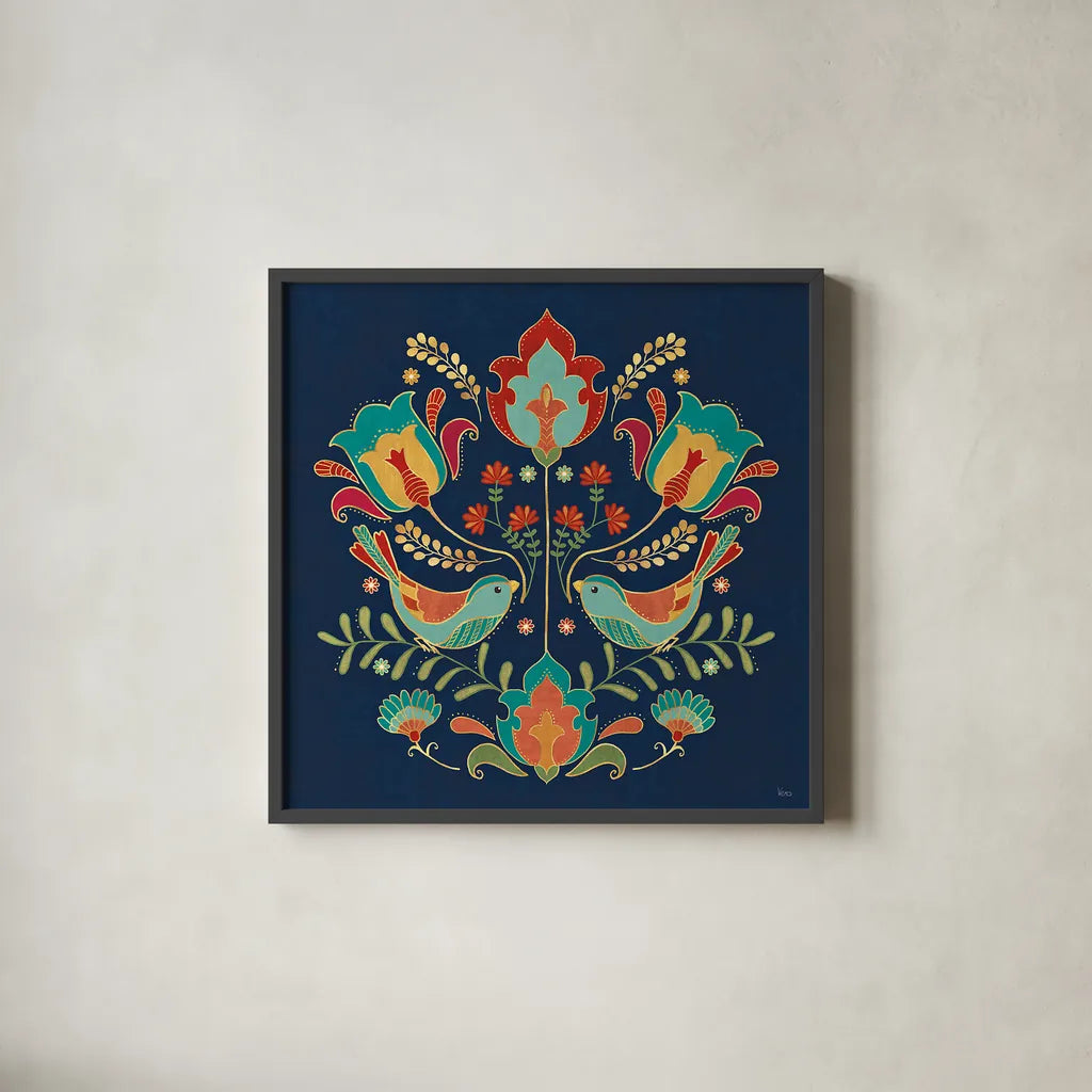 Folk Floral III Dark by Veronique Charron. Shown in a sleek black glass frame for a contemporary gallery look. Available as an archival giclee rolled canvas, fine art paper, or poster print. SKU 47029a.