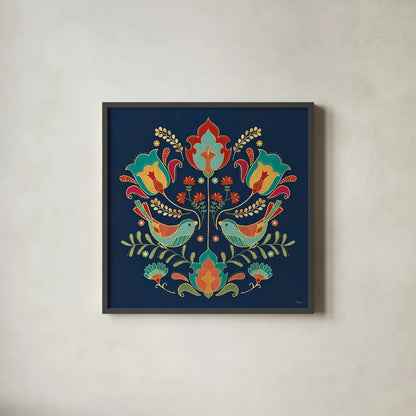 Folk Floral III Dark by Veronique Charron. Shown in a sleek black glass frame for a contemporary gallery look. Available as an archival giclee rolled canvas, fine art paper, or poster print. SKU 47029a.