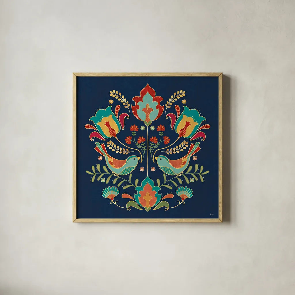 Folk Floral III Dark by Veronique Charron. Shown in a natural wood glass frame for a timeless modern aesthetic. Available as an archival giclee rolled canvas, fine art paper, or poster print. SKU 47029a.