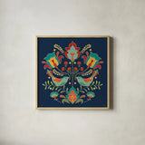 Folk Floral III Dark by Veronique Charron. Shown in a natural wood glass frame for a timeless modern aesthetic. Available as an archival giclee rolled canvas, fine art paper, or poster print. SKU 47029a.