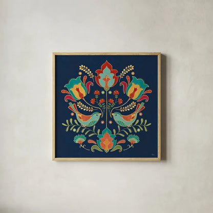 Folk Floral III Dark by Veronique Charron. Shown in a natural wood glass frame for a timeless modern aesthetic. Available as an archival giclee rolled canvas, fine art paper, or poster print. SKU 47029a.