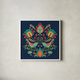 Folk Floral III Dark by Veronique Charron. Shown in a crisp white glass frame for a clean and minimalist style. Available as an archival giclee rolled canvas, fine art paper, or poster print. SKU 47029a.