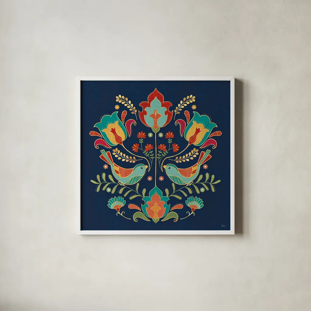 Folk Floral III Dark by Veronique Charron. Shown in a crisp white glass frame for a clean and minimalist style. Available as an archival giclee rolled canvas, fine art paper, or poster print. SKU 47029a.