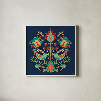 Folk Floral III Dark by Veronique Charron. Shown in a crisp white glass frame for a clean and minimalist style. Available as an archival giclee rolled canvas, fine art paper, or poster print. SKU 47029a.