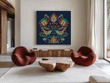 Folk Floral III Dark by Veronique Charron. Shown as extra-large giant wall art in a modern living room. Available as an archival giclee rolled canvas, fine art paper, or poster print. SKU 47029a.