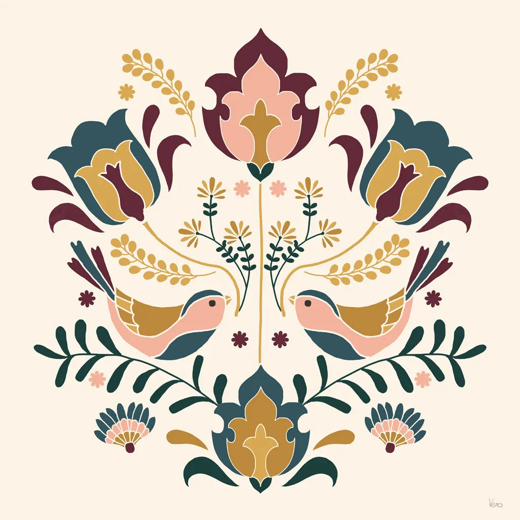 Folk Floral III Green by Veronique Charron. SKU 83600a. Archival Giclee Fine art print for wall decor.