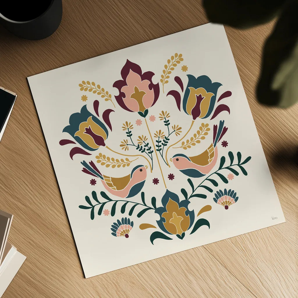 Folk Floral III Green by Veronique Charron. Shown as a detailed flat fine art print, highlighting archival giclee quality. Available as an archival giclee rolled canvas, fine art paper, or poster print. SKU 83600a.