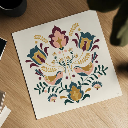 Folk Floral III Green by Veronique Charron. Shown as a detailed flat fine art print, highlighting archival giclee quality. Available as an archival giclee rolled canvas, fine art paper, or poster print. SKU 83600a.