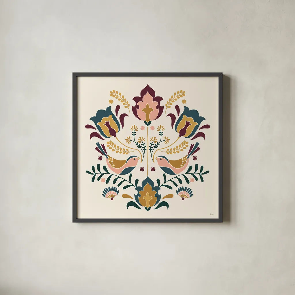 Folk Floral III Green by Veronique Charron. Shown in a sleek black glass frame for a contemporary gallery look. Available as an archival giclee rolled canvas, fine art paper, or poster print. SKU 83600a.