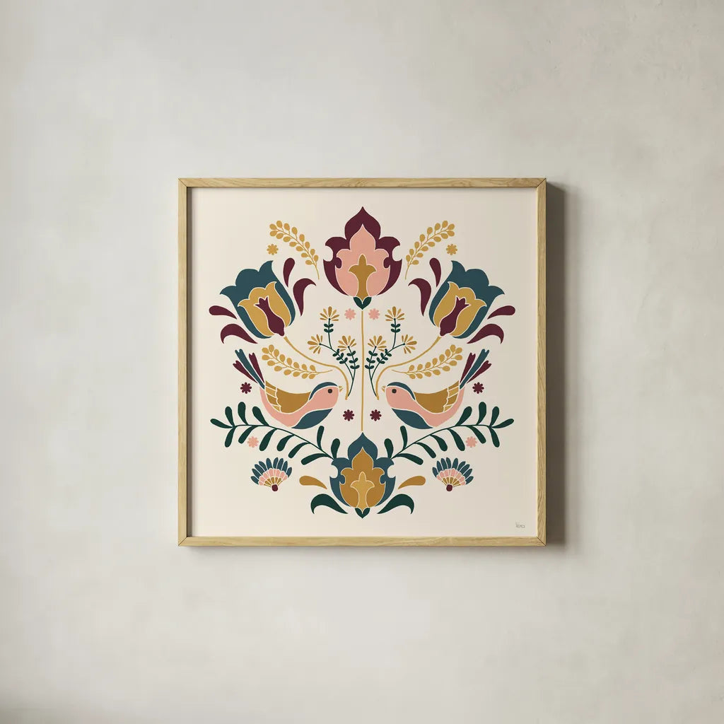 Folk Floral III Green by Veronique Charron. Shown in a natural wood glass frame for a timeless modern aesthetic. Available as an archival giclee rolled canvas, fine art paper, or poster print. SKU 83600a.