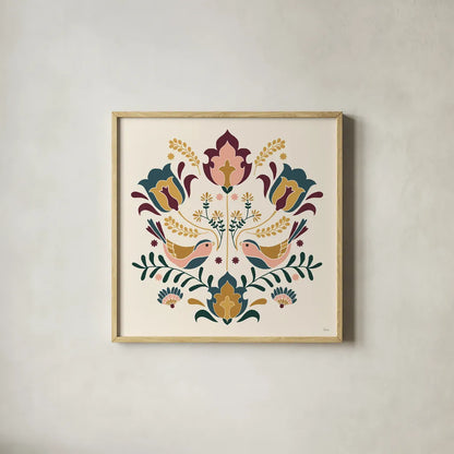 Folk Floral III Green by Veronique Charron. Shown in a natural wood glass frame for a timeless modern aesthetic. Available as an archival giclee rolled canvas, fine art paper, or poster print. SKU 83600a.