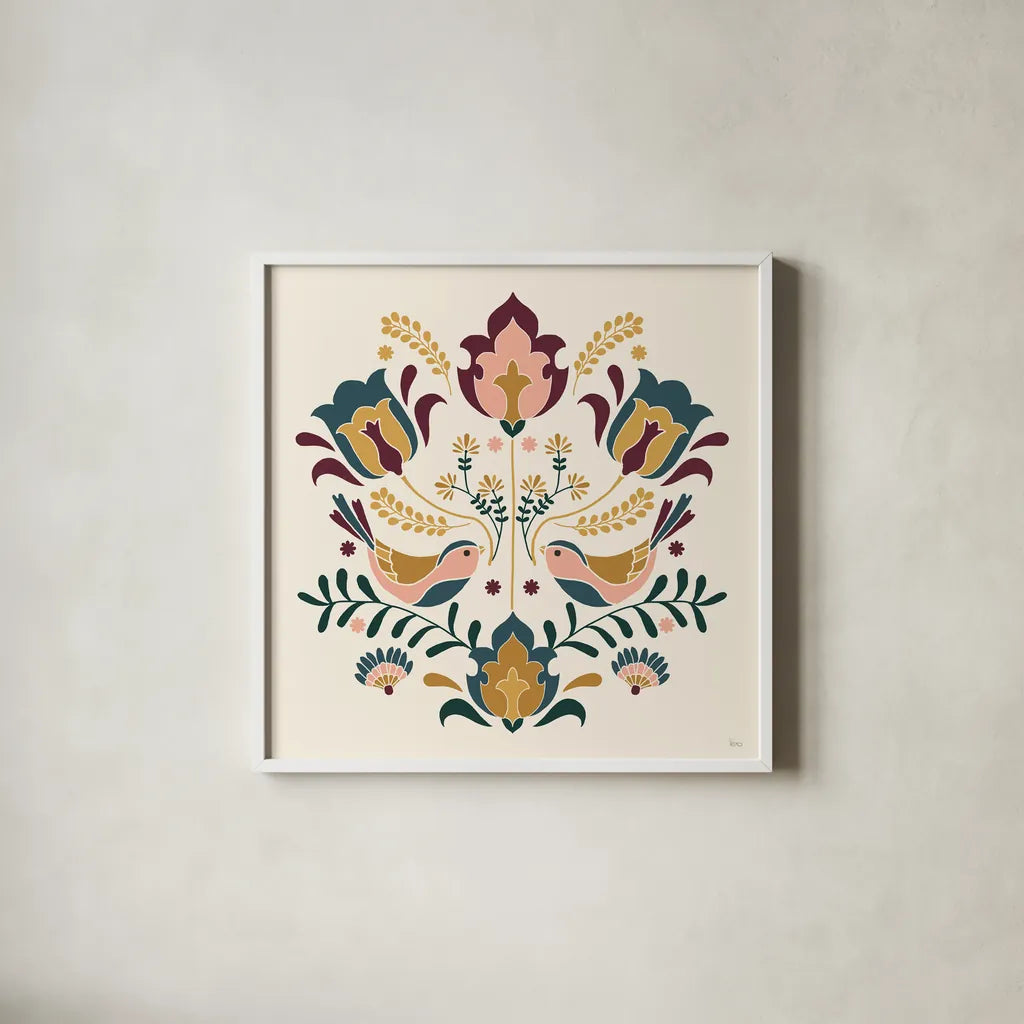 Folk Floral III Green by Veronique Charron. Shown in a crisp white glass frame for a clean and minimalist style. Available as an archival giclee rolled canvas, fine art paper, or poster print. SKU 83600a.