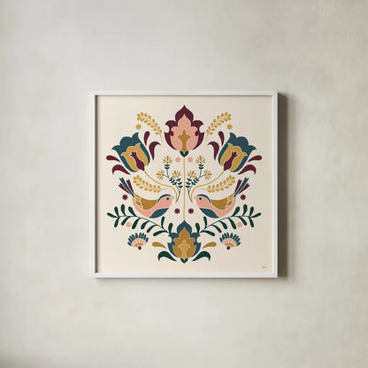 Folk Floral III Green by Veronique Charron. Shown in a crisp white glass frame for a clean and minimalist style. Available as an archival giclee rolled canvas, fine art paper, or poster print. SKU 83600a.