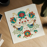 Folk Floral III v2 by Veronique Charron. Shown as a detailed flat fine art print, highlighting archival giclee quality. Available as an archival giclee rolled canvas, fine art paper, or poster print. SKU 55293a.