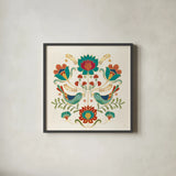 Folk Floral III v2 by Veronique Charron. Shown in a sleek black glass frame for a contemporary gallery look. Available as an archival giclee rolled canvas, fine art paper, or poster print. SKU 55293a.