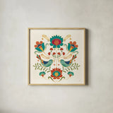 Folk Floral III v2 by Veronique Charron. Shown in a natural wood glass frame for a timeless modern aesthetic. Available as an archival giclee rolled canvas, fine art paper, or poster print. SKU 55293a.