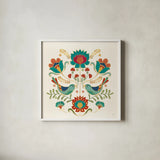 Folk Floral III v2 by Veronique Charron. Shown in a crisp white glass frame for a clean and minimalist style. Available as an archival giclee rolled canvas, fine art paper, or poster print. SKU 55293a.