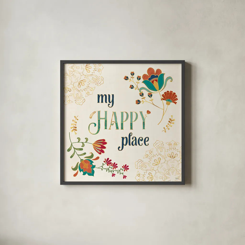 Folk Floral IV by Veronique Charron. Shown in a sleek black glass frame for a contemporary gallery look. Available as an archival giclee rolled canvas, fine art paper, or poster print. SKU 47022a.