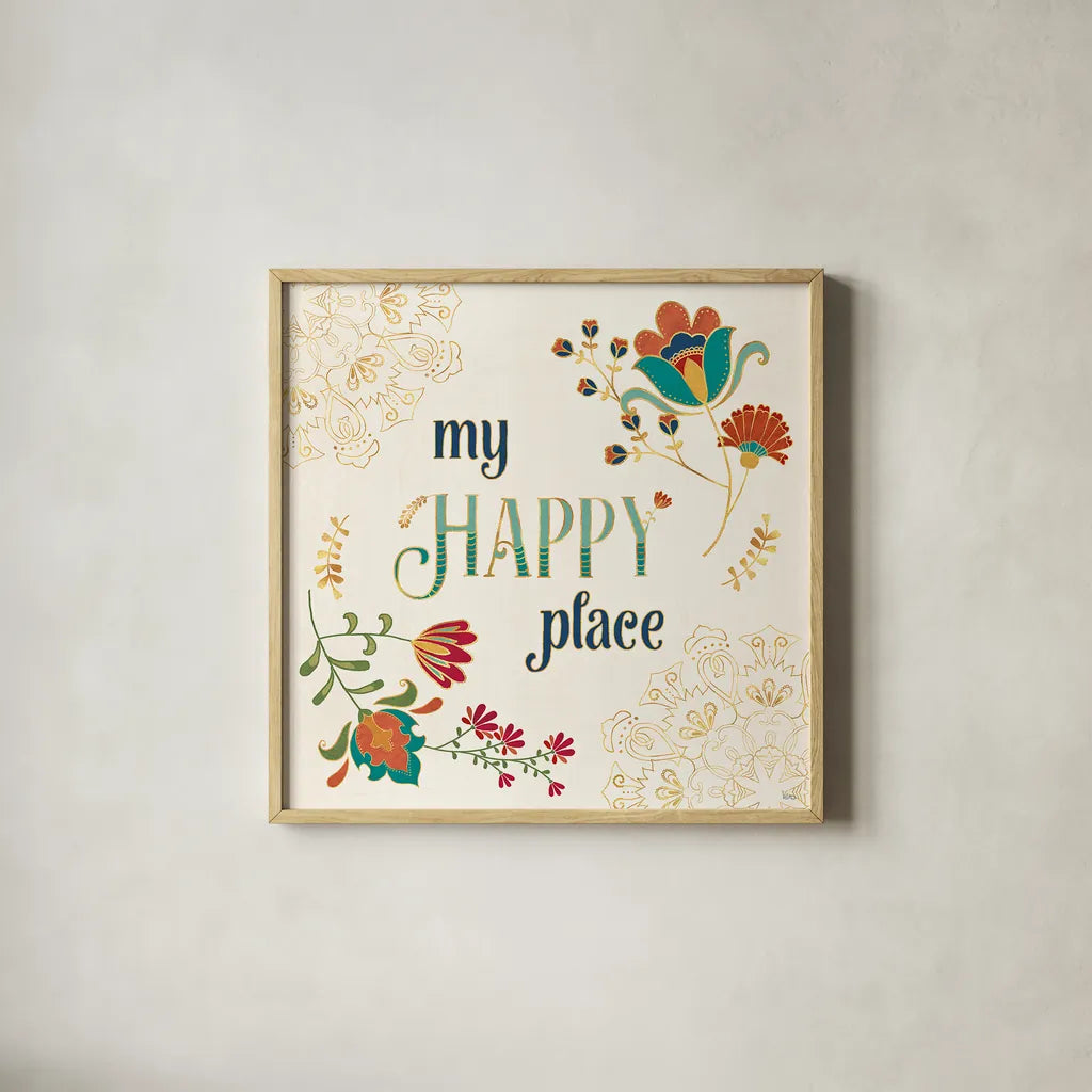 Folk Floral IV by Veronique Charron. Shown in a natural wood glass frame for a timeless modern aesthetic. Available as an archival giclee rolled canvas, fine art paper, or poster print. SKU 47022a.