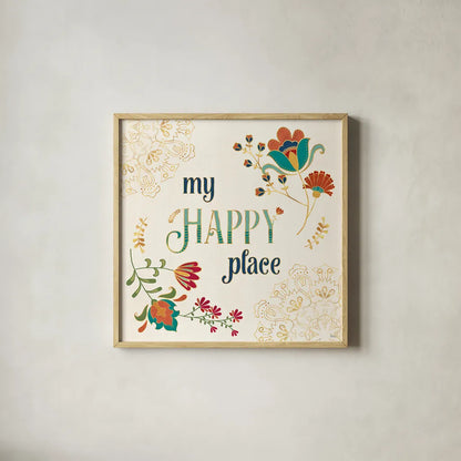 Folk Floral IV by Veronique Charron. Shown in a natural wood glass frame for a timeless modern aesthetic. Available as an archival giclee rolled canvas, fine art paper, or poster print. SKU 47022a.