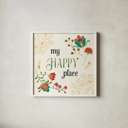 Folk Floral IV by Veronique Charron. Shown in a crisp white glass frame for a clean and minimalist style. Available as an archival giclee rolled canvas, fine art paper, or poster print. SKU 47022a.