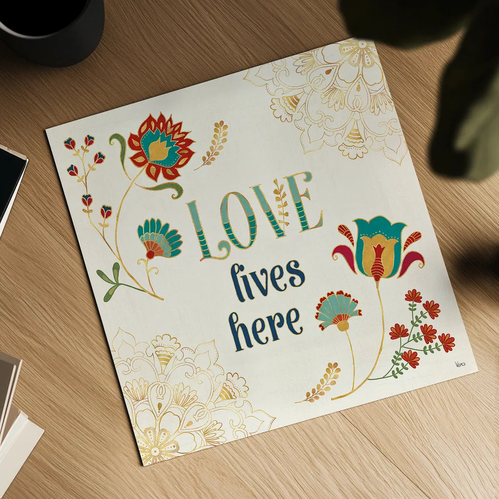 Folk Floral V by Veronique Charron. Shown as a detailed flat fine art print, highlighting archival giclee quality. Available as an archival giclee rolled canvas, fine art paper, or poster print. SKU 47023a.