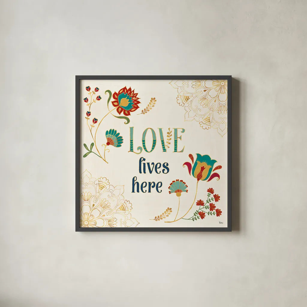 Folk Floral V by Veronique Charron. Shown in a sleek black glass frame for a contemporary gallery look. Available as an archival giclee rolled canvas, fine art paper, or poster print. SKU 47023a.