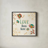 Folk Floral V by Veronique Charron. Shown in a sleek black glass frame for a contemporary gallery look. Available as an archival giclee rolled canvas, fine art paper, or poster print. SKU 47023a.