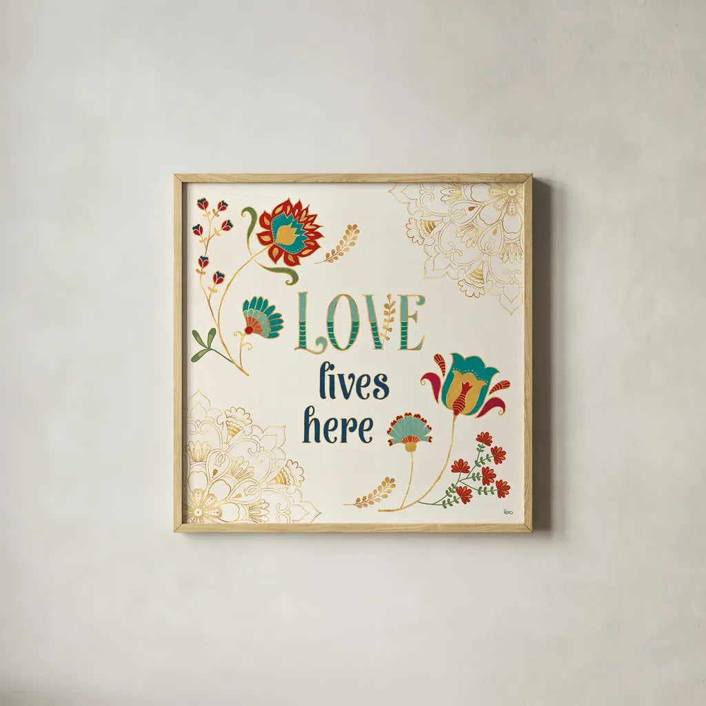 Folk Floral V by Veronique Charron. Shown in a natural wood glass frame for a timeless modern aesthetic. Available as an archival giclee rolled canvas, fine art paper, or poster print. SKU 47023a.