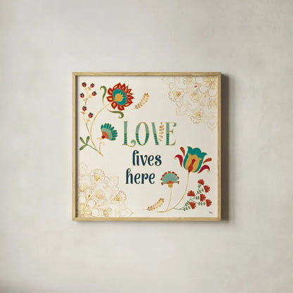 Folk Floral V by Veronique Charron. Shown in a natural wood glass frame for a timeless modern aesthetic. Available as an archival giclee rolled canvas, fine art paper, or poster print. SKU 47023a.