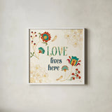 Folk Floral V by Veronique Charron. Shown in a crisp white glass frame for a clean and minimalist style. Available as an archival giclee rolled canvas, fine art paper, or poster print. SKU 47023a.
