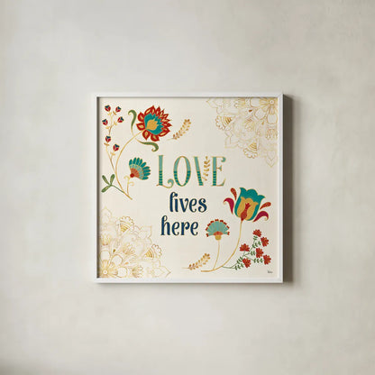 Folk Floral V by Veronique Charron. Shown in a crisp white glass frame for a clean and minimalist style. Available as an archival giclee rolled canvas, fine art paper, or poster print. SKU 47023a.