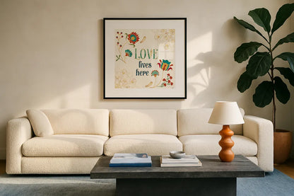 Folk Floral V by Veronique Charron. Displayed in a glass frame with matte in a clean modern living room. Available as an archival giclee rolled canvas, fine art paper, or poster print. SKU 47023a.