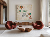 Folk Floral V by Veronique Charron. Shown as extra-large giant wall art in a modern living room. Available as an archival giclee rolled canvas, fine art paper, or poster print. SKU 47023a.