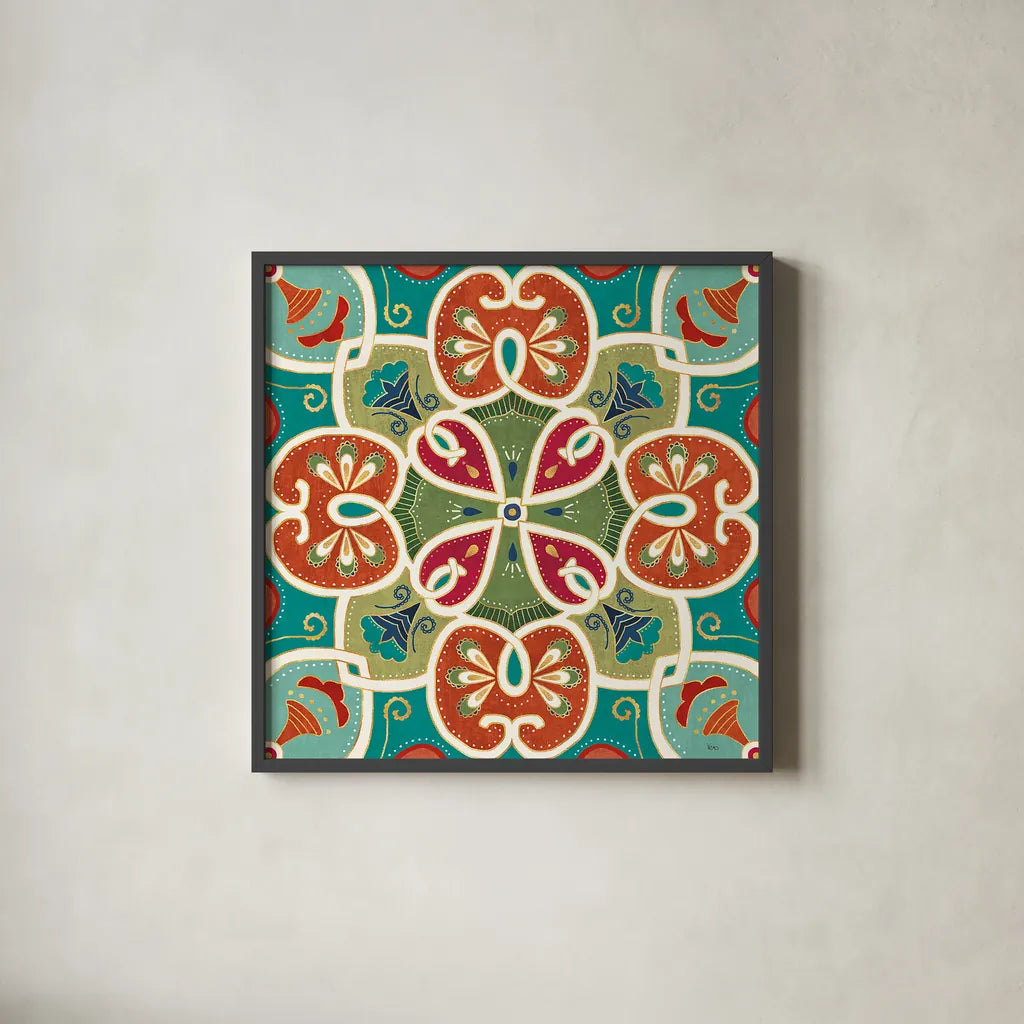 Folk Floral VI by Veronique Charron. Shown in a sleek black glass frame for a contemporary gallery look. Available as an archival giclee rolled canvas, fine art paper, or poster print. SKU 47024a.