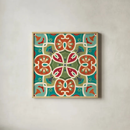 Folk Floral VI by Veronique Charron. Shown in a natural wood glass frame for a timeless modern aesthetic. Available as an archival giclee rolled canvas, fine art paper, or poster print. SKU 47024a.