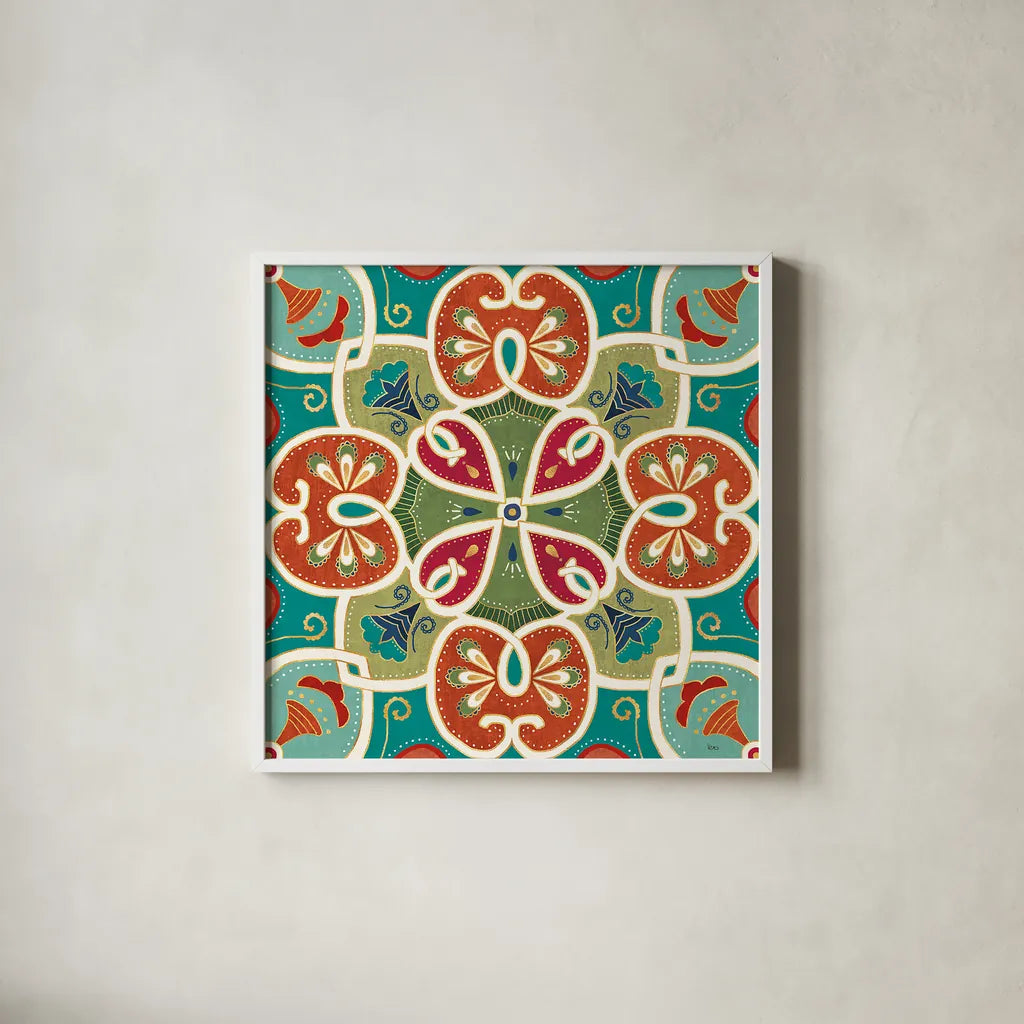 Folk Floral VI by Veronique Charron. Shown in a crisp white glass frame for a clean and minimalist style. Available as an archival giclee rolled canvas, fine art paper, or poster print. SKU 47024a.