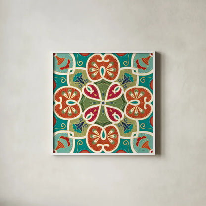 Folk Floral VI by Veronique Charron. Shown in a crisp white glass frame for a clean and minimalist style. Available as an archival giclee rolled canvas, fine art paper, or poster print. SKU 47024a.