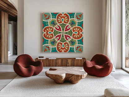 Folk Floral VI by Veronique Charron. Shown as extra-large giant wall art in a modern living room. Available as an archival giclee rolled canvas, fine art paper, or poster print. SKU 47024a.