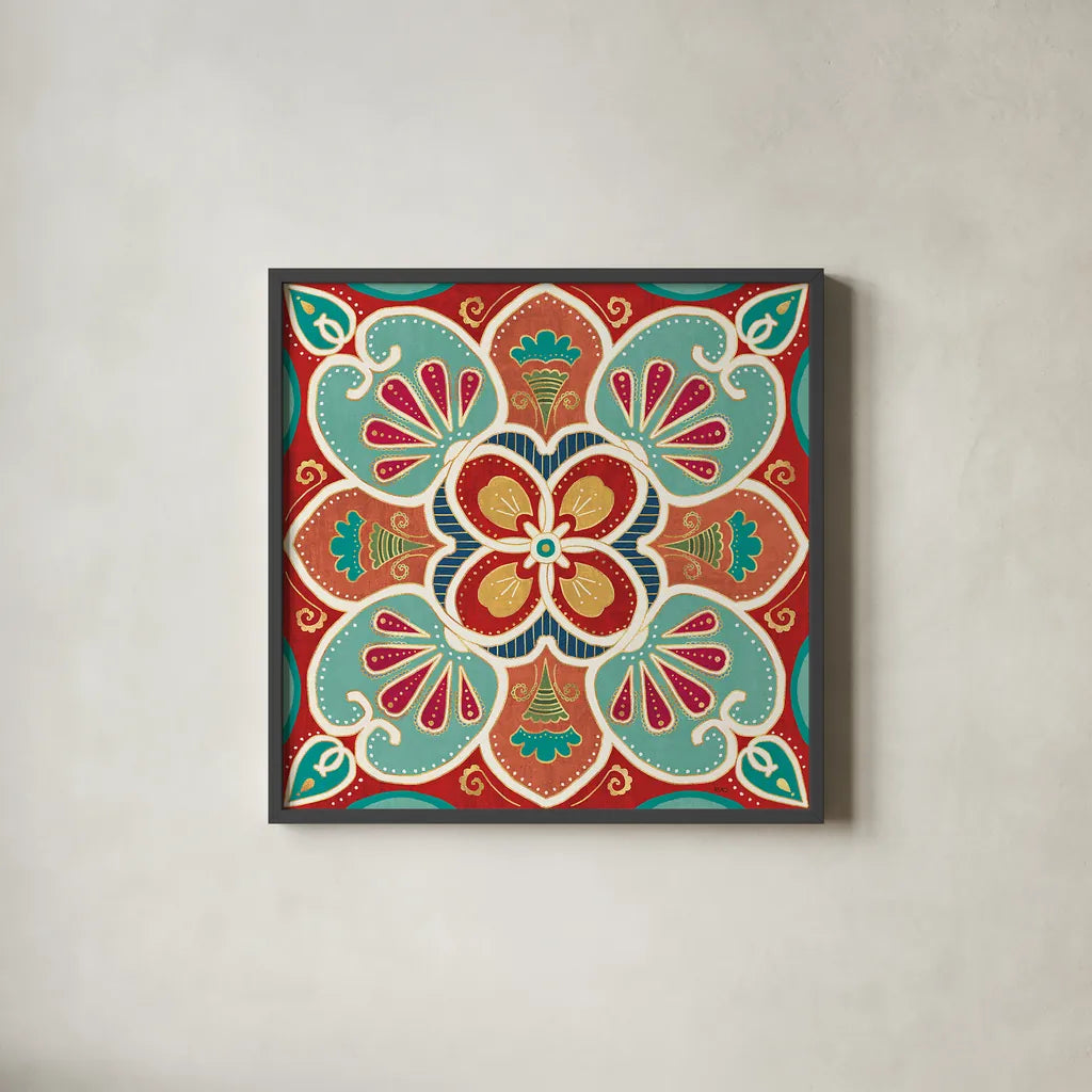 Folk Floral VII by Veronique Charron. Shown in a sleek black glass frame for a contemporary gallery look. Available as an archival giclee rolled canvas, fine art paper, or poster print. SKU 47025a.