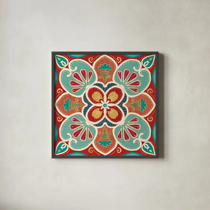 Folk Floral VII by Veronique Charron. Shown in a sleek black glass frame for a contemporary gallery look. Available as an archival giclee rolled canvas, fine art paper, or poster print. SKU 47025a.