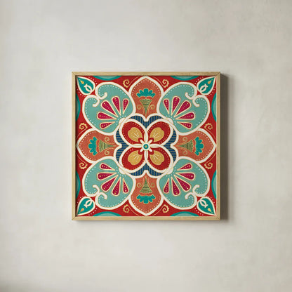 Folk Floral VII by Veronique Charron. Shown in a natural wood glass frame for a timeless modern aesthetic. Available as an archival giclee rolled canvas, fine art paper, or poster print. SKU 47025a.