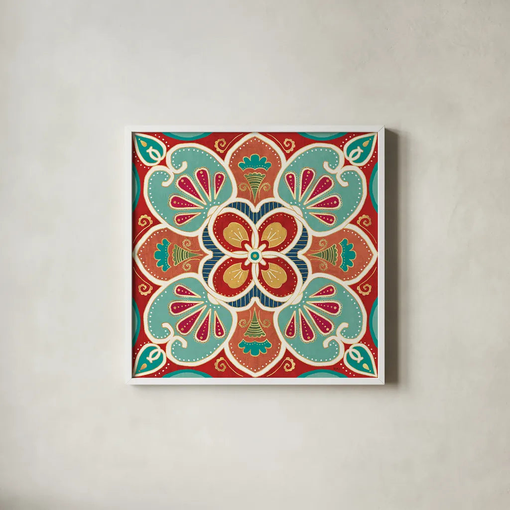 Folk Floral VII by Veronique Charron. Shown in a crisp white glass frame for a clean and minimalist style. Available as an archival giclee rolled canvas, fine art paper, or poster print. SKU 47025a.