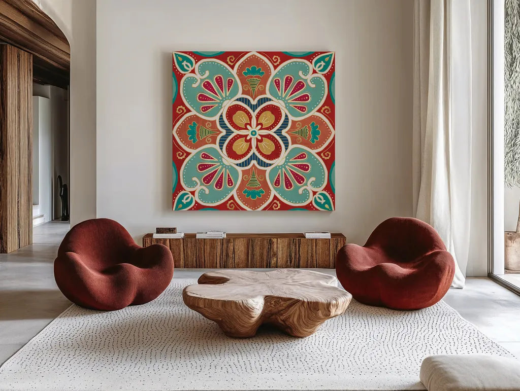Folk Floral VII by Veronique Charron. Shown as extra-large giant wall art in a modern living room. Available as an archival giclee rolled canvas, fine art paper, or poster print. SKU 47025a.