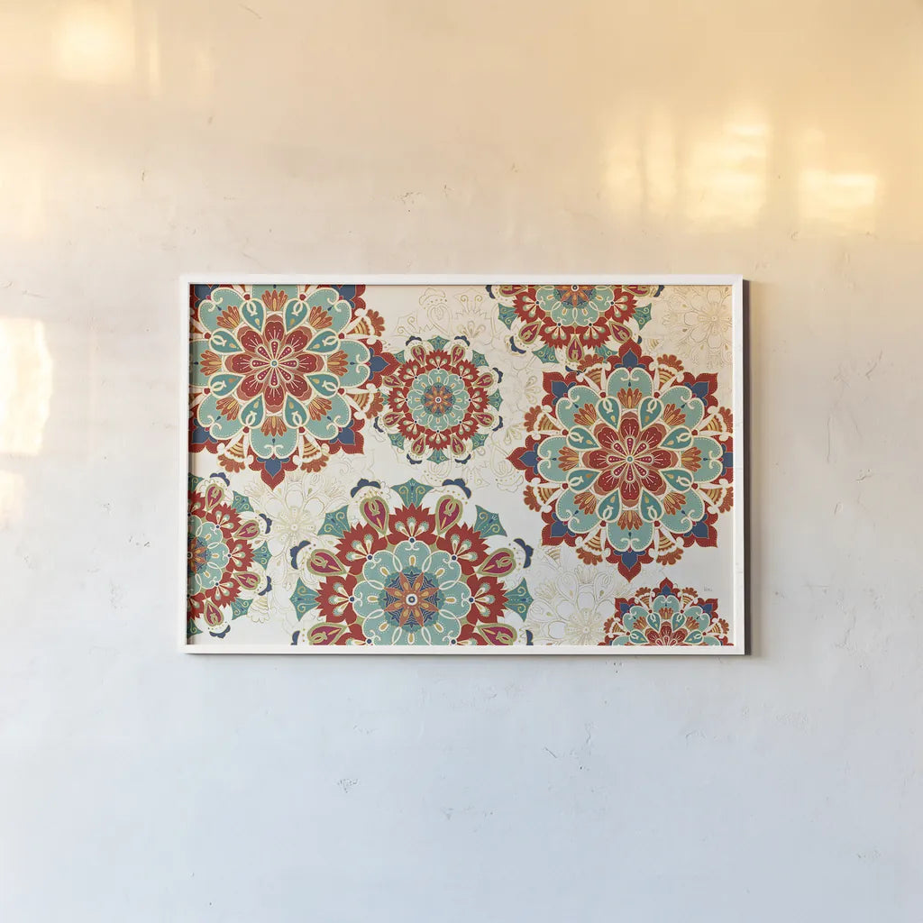 Folk Floral VIII by Veronique Charron. shown as a paper print in a white frame. Available as a archival giclee rolled canvas, fine art paper, or poster print. SKU 47026i.