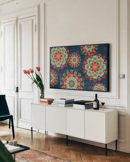 Folk Floral VIII Dark by Veronique Charron. shown as a framed stretched canvas in a living room above a console. Available as a archival giclee rolled canvas, fine art paper, or poster print. SKU 47030i.