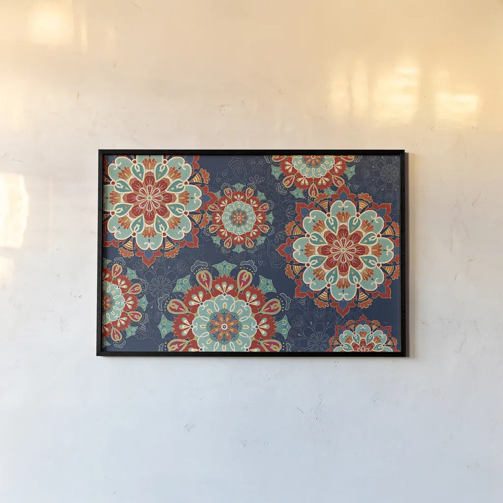 Folk Floral VIII Dark by Veronique Charron. shown as a paper print in a black flame. Available as a archival giclee rolled canvas, fine art paper, or poster print. SKU 47030i.